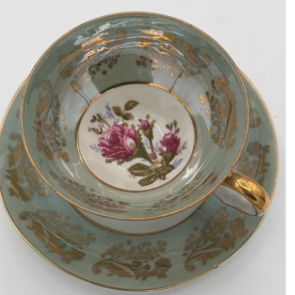 Royal Sealy China Japan Tea Cup and Saucer Set Gold Filigree Pink Rose Seafoam